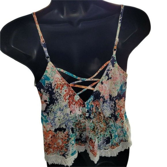 Sucre Collective Floral Crop Top Spaghetti Cross Back Strap Size Small Midriff - Picture 4 of 8